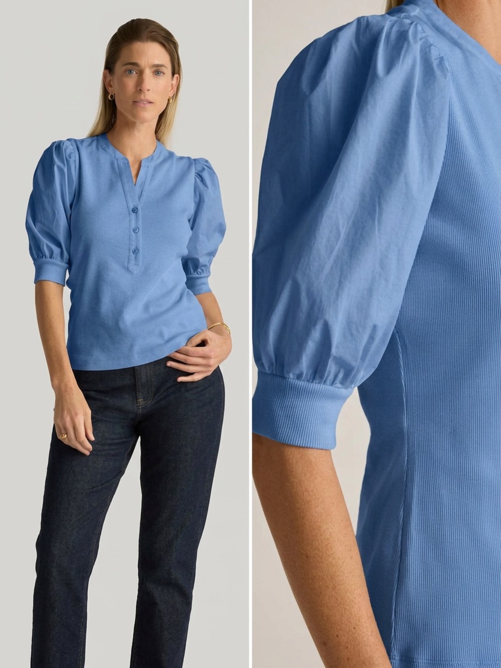 Quince M Mixed Media Cotton Puff Sleeve Top Modern Airy Ribbed Eco Stretchy